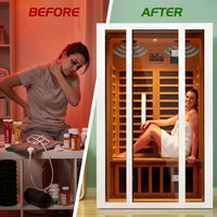 2 Person Extendable FAR Infrared Sauna for Home, Hemlock Wood Low EMF 6 Carbon Heaters Indoor Saunas with LED Lights, Bluetooth Speaker, Digital Control Panel, and Seating Bench — Before & After