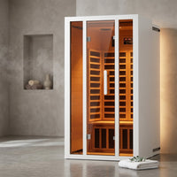 2 Person Extendable FAR Infrared Sauna for Home, Hemlock Wood Low EMF 6 Carbon Heaters Indoor Saunas with LED Lights, Bluetooth Speaker, Digital Control Panel, and Seating Bench — Studio Shot
