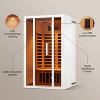 2 Person Extendable FAR Infrared Sauna for Home, Hemlock Wood Low EMF 6 Carbon Heaters Indoor Saunas with LED Lights, Bluetooth Speaker, Digital Control Panel, and Seating Bench — infographic