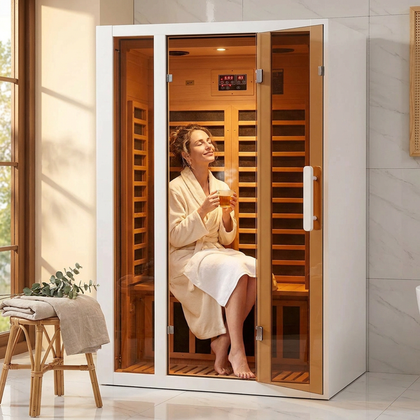 2 Person Extendable FAR Infrared Sauna for Home, Hemlock Wood Low EMF 6 Carbon Heaters Indoor Saunas with LED Lights, Bluetooth Speaker, Digital Control Panel, and Seating Bench
