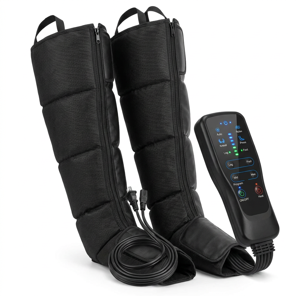 Air Compression Leg Recovery System Foot Massager for Circulation and Relaxation Calf Massage Muscle Pain Relief Device — Studio Shot