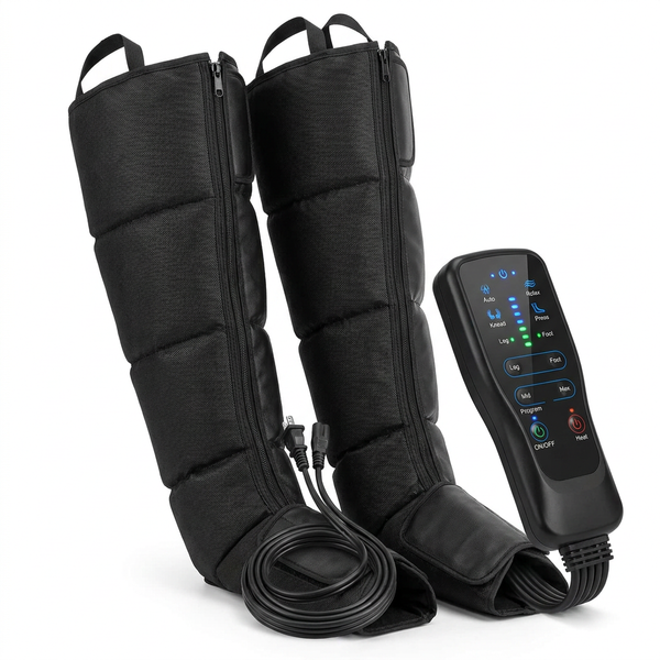 Air Compression Leg Recovery System Foot Massager for Circulation and Relaxation Calf Massage Muscle Pain Relief Device — Studio Shot